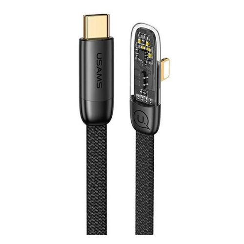 USB Type-C töltő- és adatkábel, Lightning, 120 cm, 20W, gyorstöltés, PD, 90 fokos/derékszögű, cipőfűző minta, Usams Iceflake, SJ583USB01, fekete