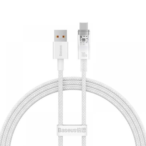 USB töltő- és adatkábel, USB Type-C, 100 cm, 6000 mA, 100W, gyorstöltés, cipőfűző minta, Baseus Explorer, CATS010402, fehér