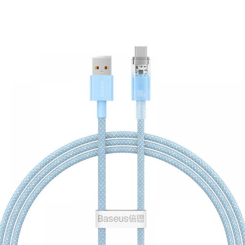 USB töltő- és adatkábel, USB Type-C, 100 cm, 6000 mA, 100W, gyorstöltés, cipőfűző minta, Baseus Explorer, CATS010403, világoskék