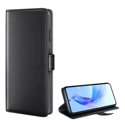 Huawei Honor 90 Lite, Oldalra nyíló tok, valódi bőrtok, stand, sima felület, fekete