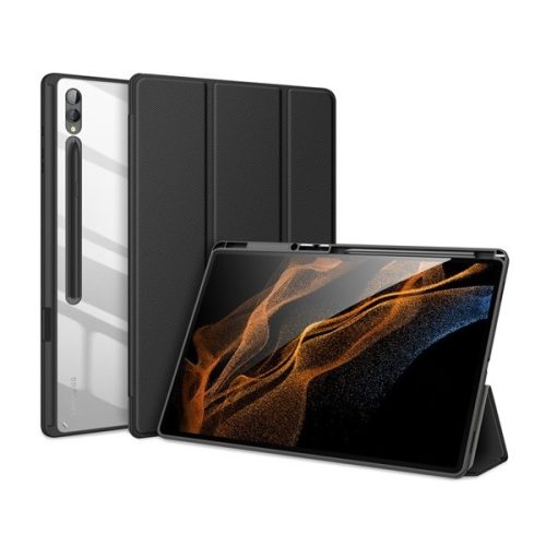 Samsung Galaxy Tab S9 Ultra 14.6 SM-X910 / X916B, mappa tok, Trifold, légpárnás sarok, közepesen ütésálló, S-Pen tartóval, átlátszó hátlap, Dux Ducis Toby, fekete
