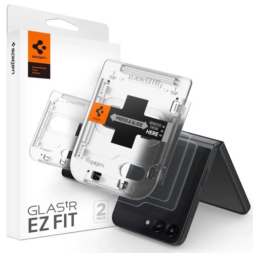 Samsung Galaxy Z Flip5 SM-F731B, Kijelzővédő fólia, ütésálló fólia az íves részre nem hajlik rá!), Tempered Glass (edzett üveg), Előlapi kijelzőre, Spigen Ez Fit, Clear, 2 db / csomag