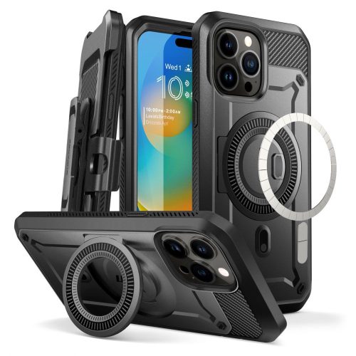 Apple iPhone 15 Pro, Műanyag hátlap védőtok + képernyővédő, közepesen ütésálló, telefontartó gyűrű, kitámasztóval, övre fűzhető, Magsafe töltővel kompatibilis, SupCase Unicorn Beetle Pro Mag, fekete