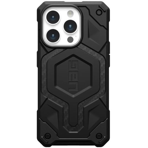 Apple iPhone 15 Pro, Műanyag hátlap védőtok, szilikon belső, közepesen ütésálló, Magsafe töltővel kompatibilis, karbon minta, UAG Monarch Pro, mintás/fekete