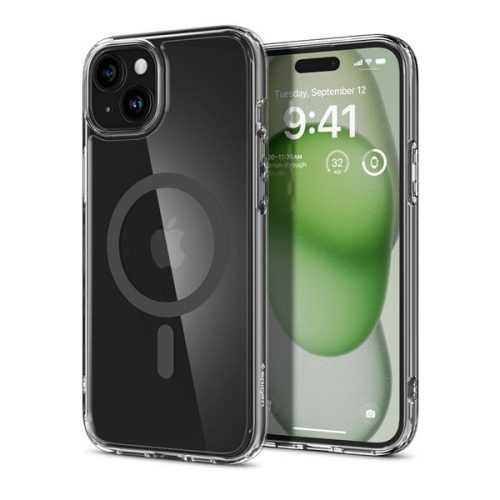 Apple iPhone 15 Plus, Műanyag hátlap védőtok + szilikon keret, Magsafe töltővel kompatibilis, Spigen Ultra Hybrid Mag, átlátszó/szürke