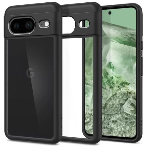 Google Pixel 8, Műanyag hátlap védőtok + szilikon keret, Spigen Ultra Hybrid, átlátszó/fekete