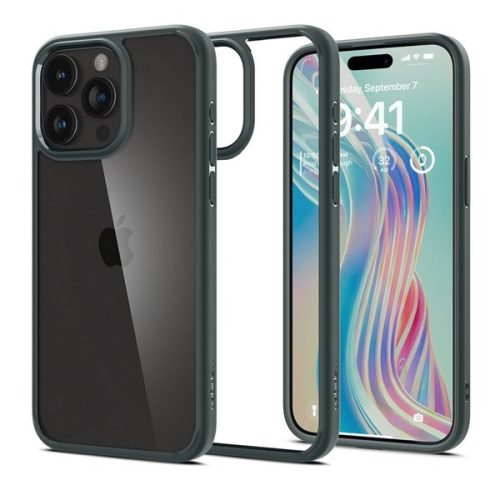 Apple iPhone 15 Pro Max, Műanyag hátlap védőtok + szilikon keret, Spigen Ultra Hybrid, átlátszó/sötétzöld