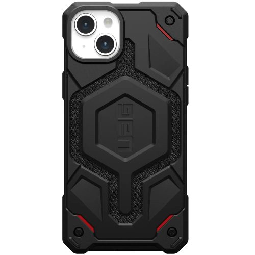 Apple iPhone 15 Plus, Műanyag hátlap védőtok, szilikon belső, közepesen ütésálló, Magsafe töltővel kompatibilis, textil minta, kevlár borítás, UAG Monarch Pro Kevlar, mintás/fekete