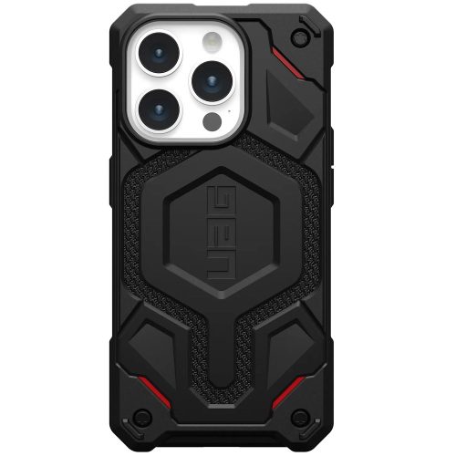 Apple iPhone 15 Pro, Műanyag hátlap védőtok, szilikon belső, közepesen ütésálló, Magsafe töltővel kompatibilis, textil minta, kevlár borítás, UAG Monarch Pro Kevlar, mintás/fekete