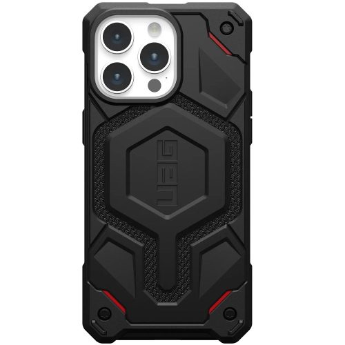 Apple iPhone 15 Pro Max, Műanyag hátlap védőtok, szilikon belső, közepesen ütésálló, Magsafe töltővel kompatibilis, textil minta, kevlár borítás, UAG Monarch Pro Kevlar, mintás/fekete