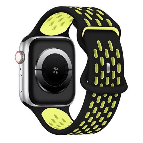 Apple Watch 4-6, SE, SE (2022) (38 / 40 mm) / Watch 7-9 (41 mm) / Watch 10 (42 mm), szilikon pótszíj, légáteresztő, lyukacsos, ovális lyukas, kétszínű, fekete/sárga