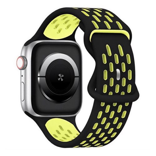 Apple Watch 4-6, SE, SE (2022) (42 / 44 mm) / Watch 7-9 (45 mm) / Watch 10 (46 mm) / Watch Ultra 1-2 (49 mm), szilikon pótszíj, légáteresztő, lyukacsos, ovális lyukas, kétszínű, fekete/sárga