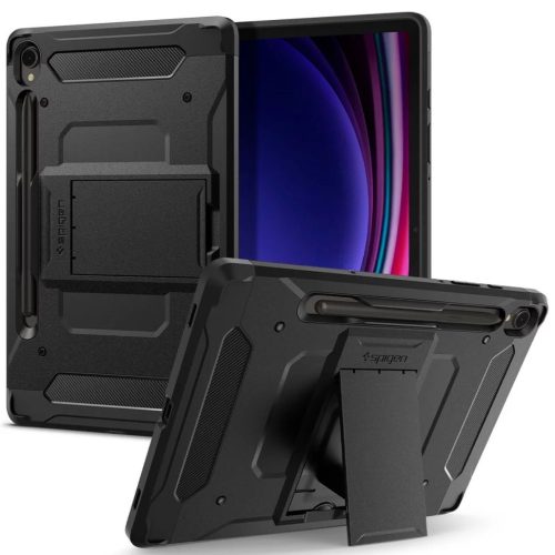 Samsung Galaxy Tab S9 11.0 SM-X710 / X716B, Szilikon tok + műanyag hátlap, kitámasztóval, érintő ceruzatartóval, Spigen Tough Armor Pro, fekete