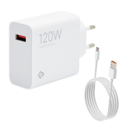 Hálózati töltő adapter, 120W, USB aljzat, USB Type-C kábellel, gyorstöltés, GaN, Xiaomi, fehér, gyári