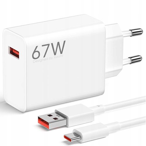 Hálózati töltő adapter, 67W, USB aljzat, USB Type-C kábellel, gyorstöltés, PD, Xiaomi, fehér, gyári