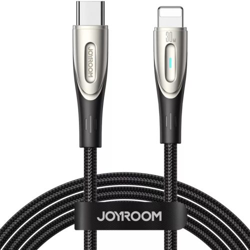 USB Type-C töltő- és adatkábel, Lightning, 120 cm, 30W, gyorstöltés, LED-es, cipőfűző minta, Joyroom Star-Light, SA27-CL3, fekete