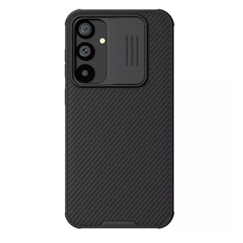 Samsung Galaxy S23 FE SM-S711, Műanyag hátlap + szilikon keret, közepesen ütésálló, kamera védelem, csíkos minta, Nillkin CamShield Pro, fekete