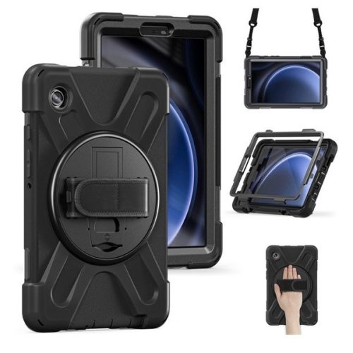 Samsung Galaxy Tab A9 (8.7) SM-X110 / X115, Műanyag hátlap védőtok, szilikon belső, kitámasztóval, kézpánt, vállpánt, Defender, fekete