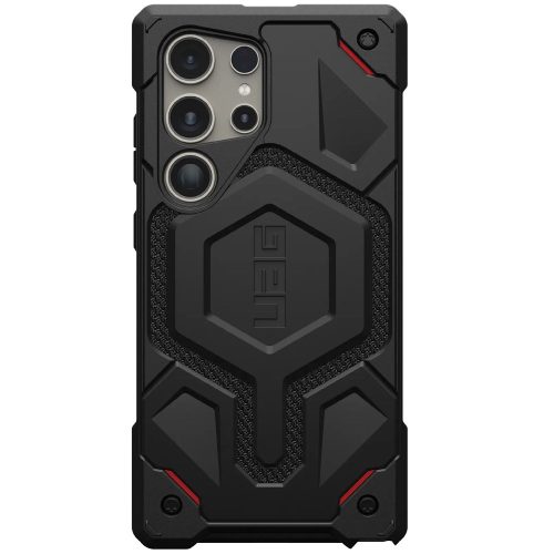 Samsung Galaxy S24 Ultra SM-S928, Műanyag hátlap védőtok, szilikon belső, közepesen ütésálló, mágneses, textil minta, kevlár borítás, UAG Monarch Pro Kevlar, mintás/fekete