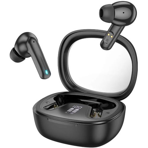 Bluetooth sztereó fülhallgató, v5.3, TWS, töltőtok, zajszűrővel, érintés vezérlés, LED-es kijelző, Hoco EQ6 Shadow, fekete