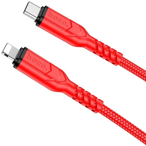 USB Type-C töltő- és adatkábel, Lightning, 100 cm, 3000mA, 20W, törésgátlóval, gyorstöltés, PD, QC, cipőfűző minta, Hoco X59 Victory, piros