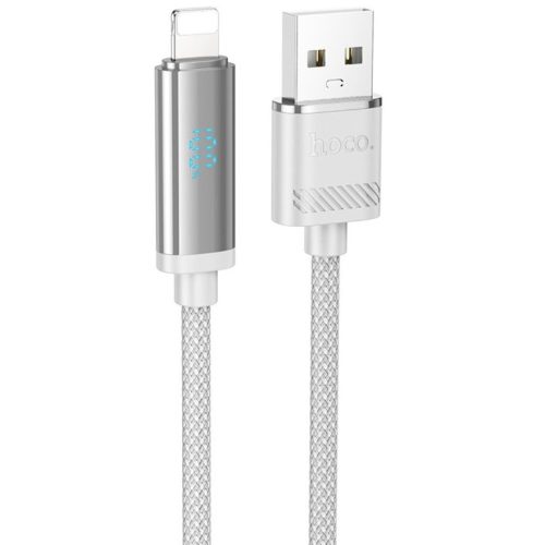 USB töltő- és adatkábel, Lightning, 120 cm, 27W, 2400mA, törésgátlóval, LED kijelzővel, gyorstöltés, PD, Hoco U127, ezüst
