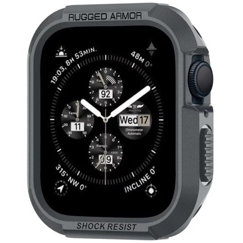 Apple Watch 4-6, SE, SE (2022) (44 mm) / Watch 7-9 (45 mm), Szilikon védőkeret, ütésálló, szíj nélkül, Spigen Rugged Armor, sötétszürke