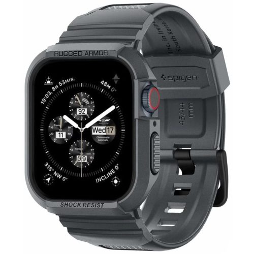 Apple Watch 4-6, SE, SE (2022) (44 mm) / Watch 7-9 (45 mm), Szilikon védőkeret, ütésálló, szíjjal, Spigen Rugged Armor Pro, sötétszürke
