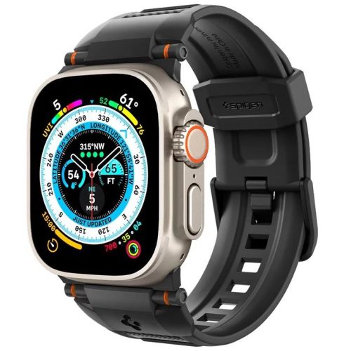 Apple Watch 4-6, SE, SE (2022) (42 / 44 mm) / Watch 7-9 (45 mm) / Watch 10 (46 mm) / Watch Ultra 1-2 (49 mm), szilikon pótszíj, állítható, karbon minta, Spigen Rugged Ultra, mintás/fekete