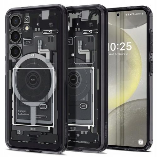 Samsung Galaxy S24 SM-S921, Műanyag hátlap védőtok + szilikon keret, Magsafe töltővel kompatibilis, Telefon belső minta, Spigen Ultra Hybrid OneTap Metal Ring Zero One, átlátszó/füst