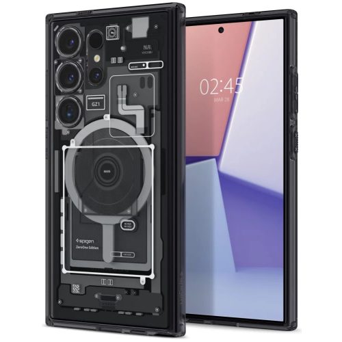 Samsung Galaxy S24 Ultra SM-S928, Műanyag hátlap védőtok + szilikon keret, Magsafe töltővel kompatibilis, Telefon belső minta, Spigen Ultra Hybrid OneTap Metal Ring Zero One, átlátszó/füst