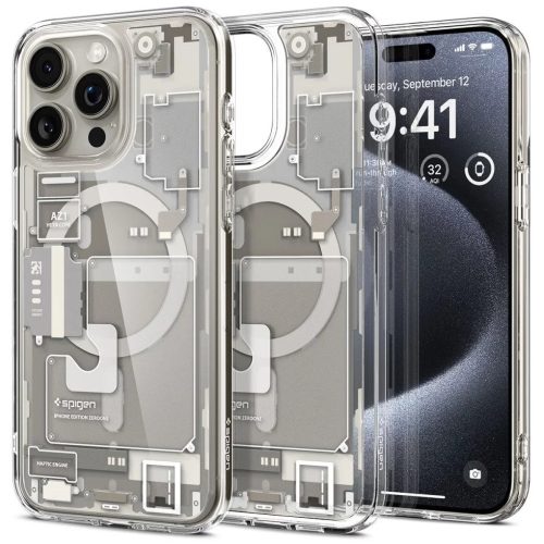 Apple iPhone 15 Pro, Műanyag hátlap védőtok + szilikon keret, Magsafe töltővel kompatibilis, iPhone belső minta, Spigen Ultra Hybrid Zero One Mag, átlátszó/bézs