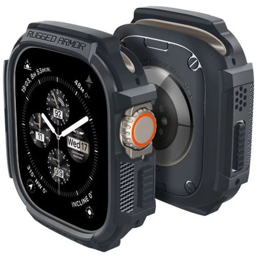 Apple Watch Ultra 1-2 (49 mm), Szilikon védőkeret, ütésálló, szíj nélkül, Spigen Rugged Armor, sötétszürke