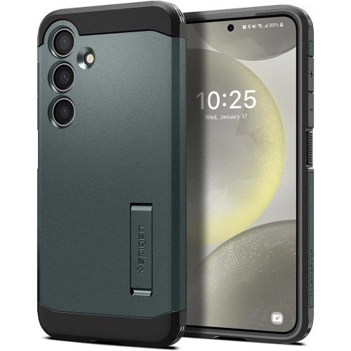 Samsung Galaxy S24 SM-S921, Szilikon tok + műanyag hátlap, kitámasztóval, Spigen Tough Armor, sötétzöld