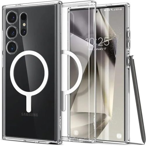 Samsung Galaxy S24 Ultra SM-S928, Műanyag hátlap védőtok + szilikon keret, Magsafe töltővel kompatibilis, Spigen Ultra Hybrid Mag, átlátszó/fehér