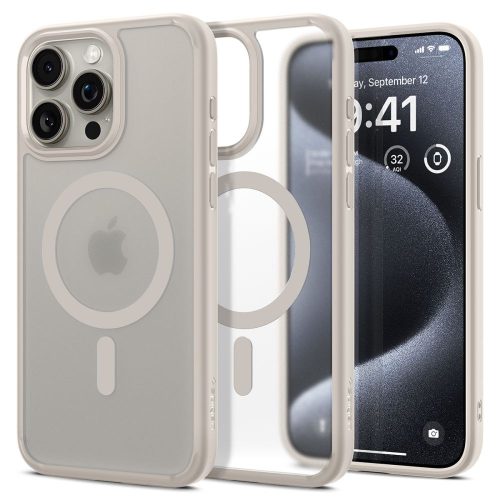 Apple iPhone 15 Pro, Műanyag hátlap védőtok + szilikon keret, Magsafe töltővel kompatibilis, Spigen Ultra Hybrid Mag Matte, áttetsző/bézs