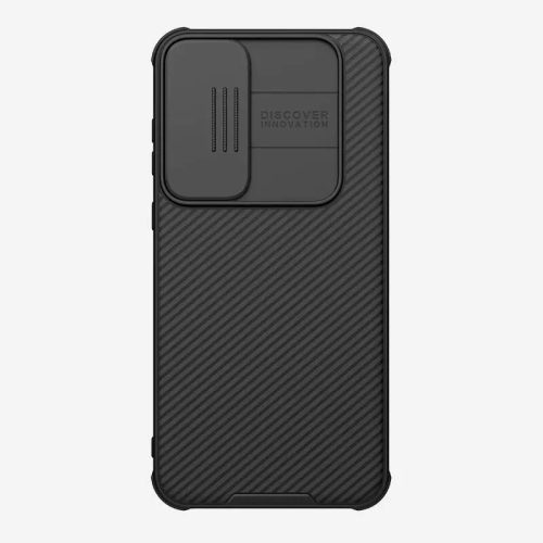Samsung Galaxy A55 5G SM-A556B, Műanyag hátlap + szilikon keret, közepesen ütésálló, kamera védelem, csíkos minta, Nillkin CamShield Pro, fekete