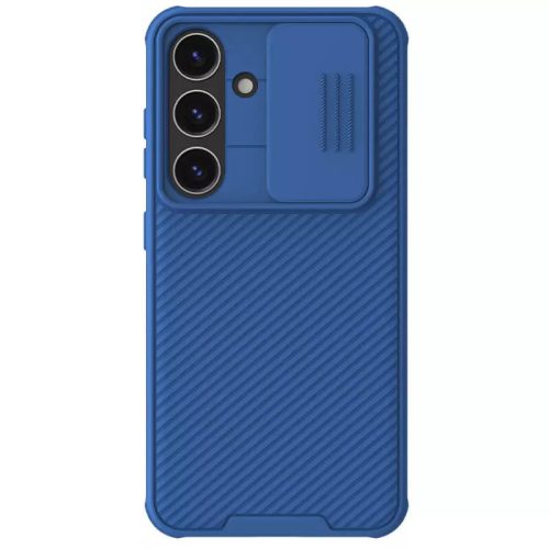 Samsung Galaxy S24 SM-S921, Műanyag hátlap + szilikon keret, közepesen ütésálló, kamera védelem, csíkos minta, Nillkin CamShield Pro, kék