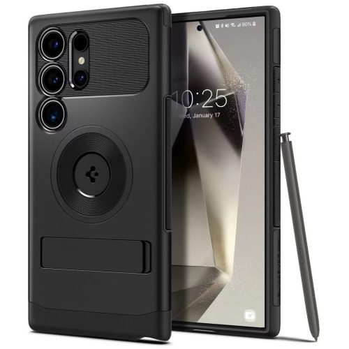Samsung Galaxy S24 Ultra SM-S928, Szilikon tok, műanyag hátlappal, kitámasztóval, Magsafe töltővel kompatibilis, Spigen Slim Armor Mag, fekete