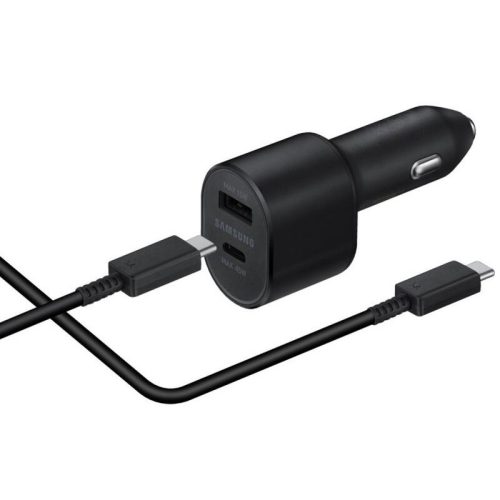 Autós töltő, Szivargyújtós töltő, 45W + 15W, USB aljzat, USB Type-C aljzat, USB Type-C - USB Type-C kábellel, gyorstöltés, Samsung, fekete, gyári