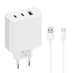   Hálózati töltő adapter, 67W, USB aljzat, 2 x USB Type-C aljzat, USB Type-C kábellel, gyorstöltés, PD, GaN, Xiaomi, fehér, gyári