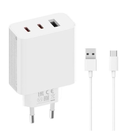 Hálózati töltő adapter, 67W, USB aljzat, 2 x USB Type-C aljzat, USB Type-C kábellel, gyorstöltés, PD, GaN, Xiaomi, fehér, gyári