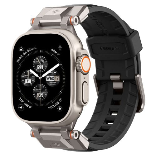 Apple Watch 4-6, SE, SE (2022) (42 / 44 mm) / Watch 7-9 (45 mm) / Watch 10 (46 mm) / Watch Ultra 1-2 (49 mm), szilikon pótszíj, fém csatlakozással, bőrhatású, Spigen DuraPro Armor PU, fekete