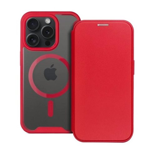 Apple iPhone 15 Pro, Oldalra nyíló tok, kártyatartóval, átlátszó hátlap, Magsafe kompatibilis, Smart Mag, piros