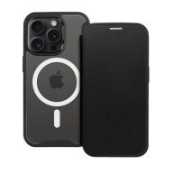   Apple iPhone 12 Pro Max, Oldalra nyíló tok, kártyatartóval, átlátszó hátlap, Magsafe kompatibilis, Smart Mag, fekete