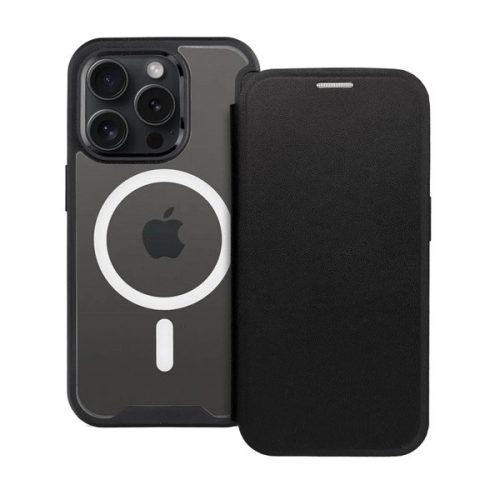 Apple iPhone 13 Pro, Oldalra nyíló tok, kártyatartóval, átlátszó hátlap, Magsafe kompatibilis, Smart Mag, fekete