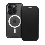   Apple iPhone 14 Pro Max, Oldalra nyíló tok, kártyatartóval, átlátszó hátlap, Magsafe kompatibilis, Smart Mag, fekete