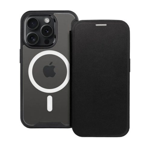 Apple iPhone 14 Pro Max, Oldalra nyíló tok, kártyatartóval, átlátszó hátlap, Magsafe kompatibilis, Smart Mag, fekete