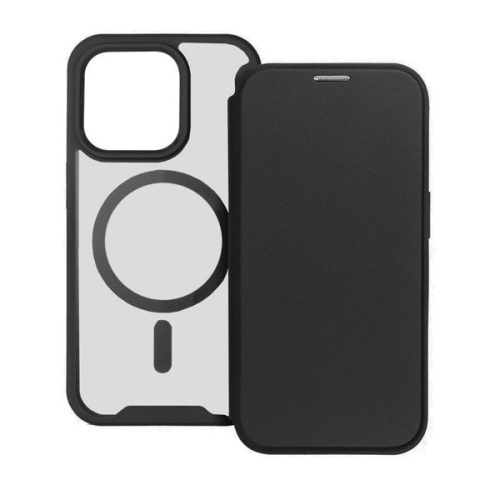 Apple iPhone 14 Plus, Oldalra nyíló tok, kártyatartóval, átlátszó hátlap, Magsafe kompatibilis, Smart Mag, fekete
