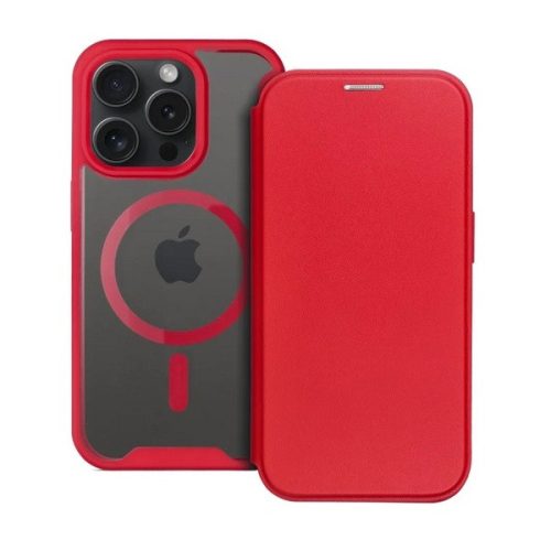 Apple iPhone 15 Pro Max, Oldalra nyíló tok, kártyatartóval, átlátszó hátlap, Magsafe kompatibilis, Smart Mag, piros